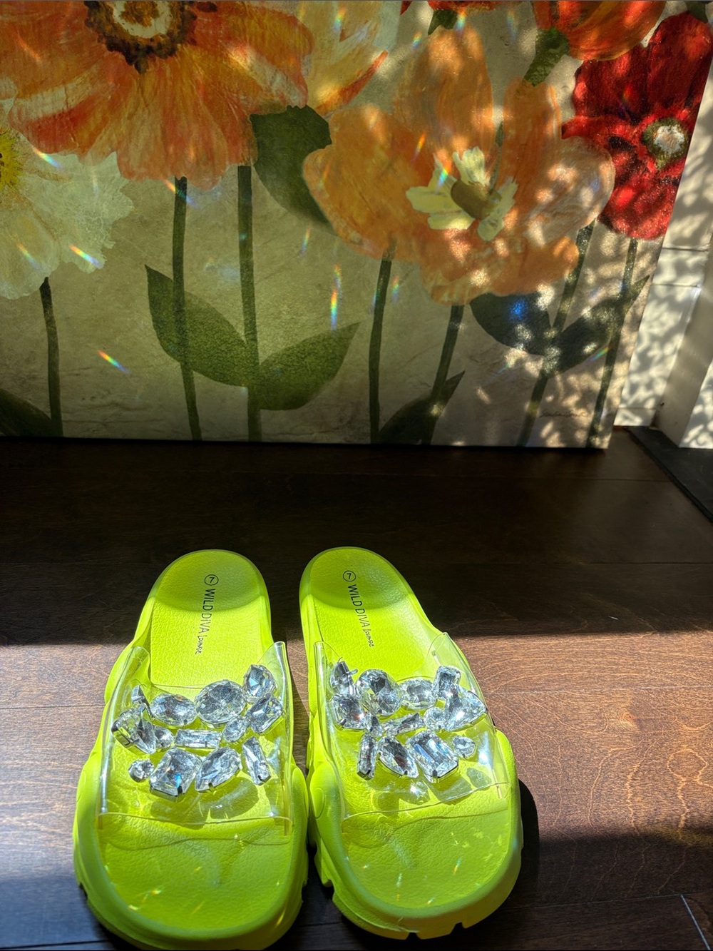 Wild Diva Neon Yellow Crystal Slide Sandals
